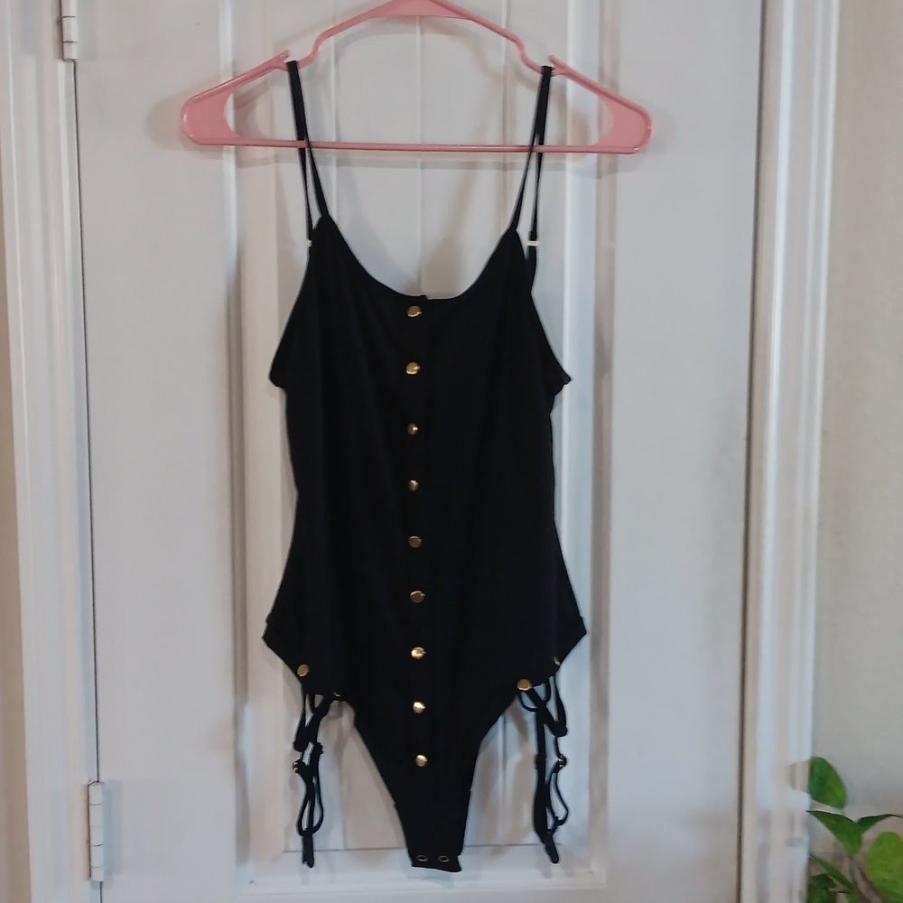 Mapale' Black Gold Button-Detail Bodysuit w Hose Straps